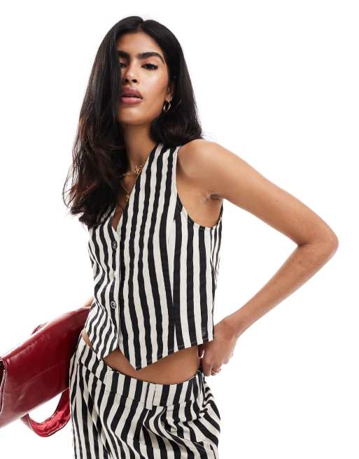 ASOS DESIGN waistcoat with linen in mono stripe (part of a set)