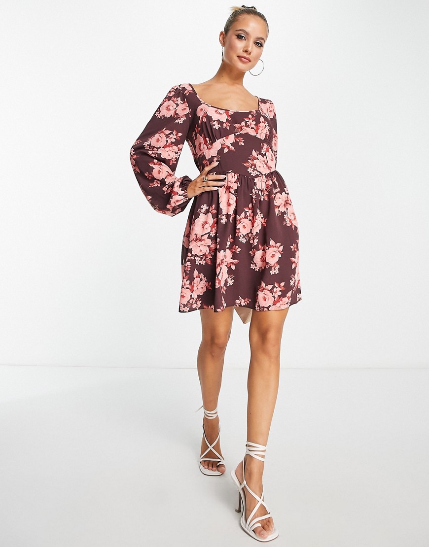 ASOS DESIGN waisted babydoll tea dress in rose print-Multi