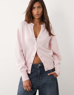 Asos Design Waisted Crew Neck Cardigan With Wool And Covered Buttons In Pink