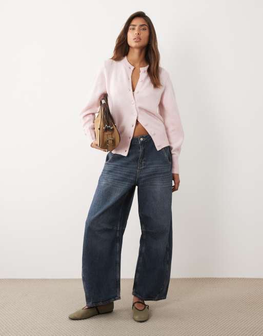 ASOS DESIGN waisted crew neck cardigan with wool and covered buttons in pink, 2 of 4