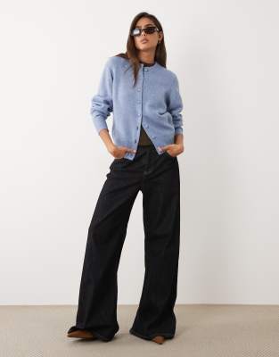 Asos Design Waisted Crew Neck Cardigan With Wool With Covered Buttons In Blue