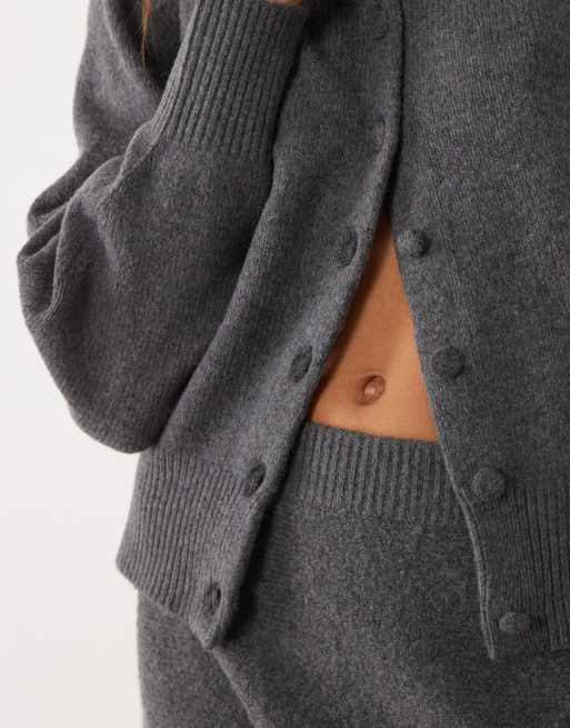 ASOS DESIGN waisted crew neck cardigan with wool with covered buttons in charcoal, 3 of 4