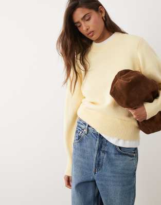 Asos Design Waisted Crew Neck Sweater With Wool In Yellow