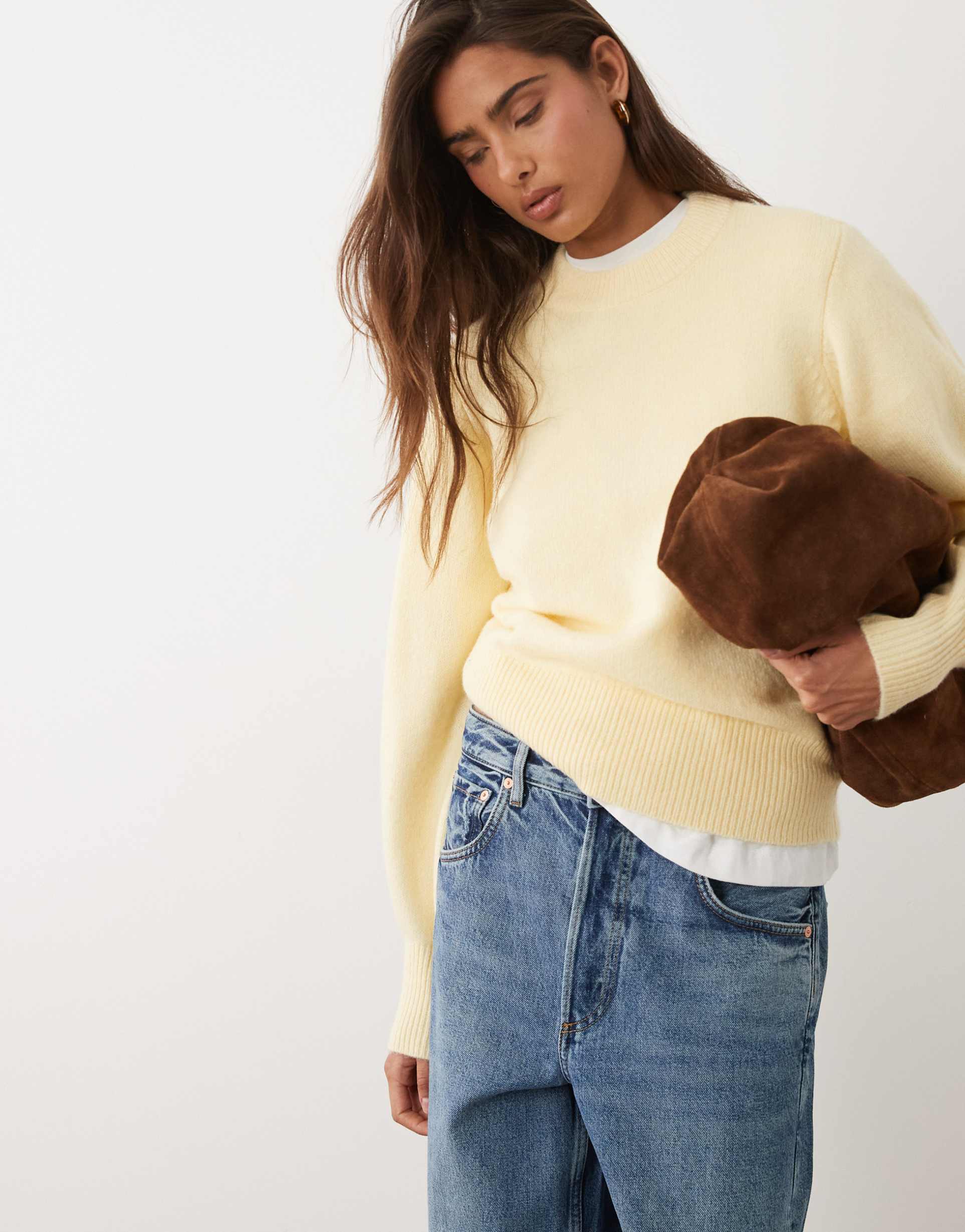asos design waisted crew neck sweater with wool in buttermilk