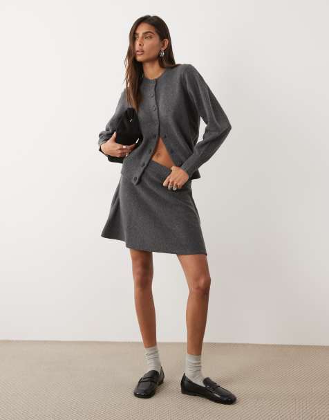 ASOS DESIGN waisted crew neck wool blend cardigan with covered buttons in charcoal - view 1