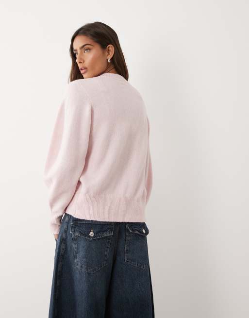 ASOS DESIGN waisted crew neck wool blend cardigan with covered buttons in pink, 4 of 4