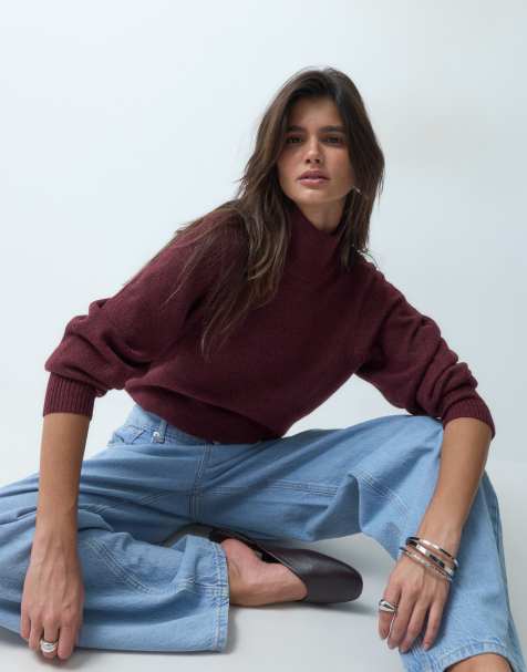 ASOS DESIGN waisted high neck jumper with wool in burgundy - view 1