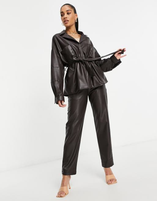 ASOS DESIGN leather look shacket suit in chocolate, 2 of 3
