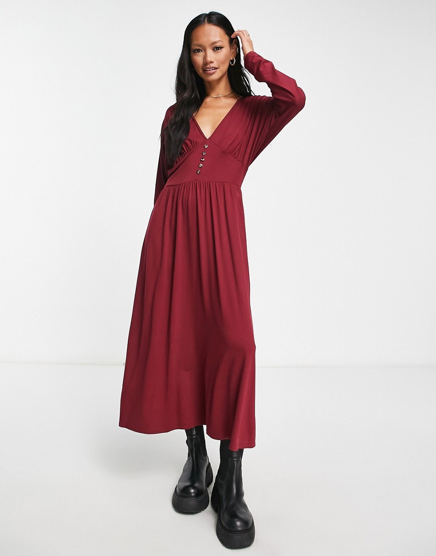 ASOS DESIGN waisted long sleeve midi tea dress with buttons in burgundy-Red