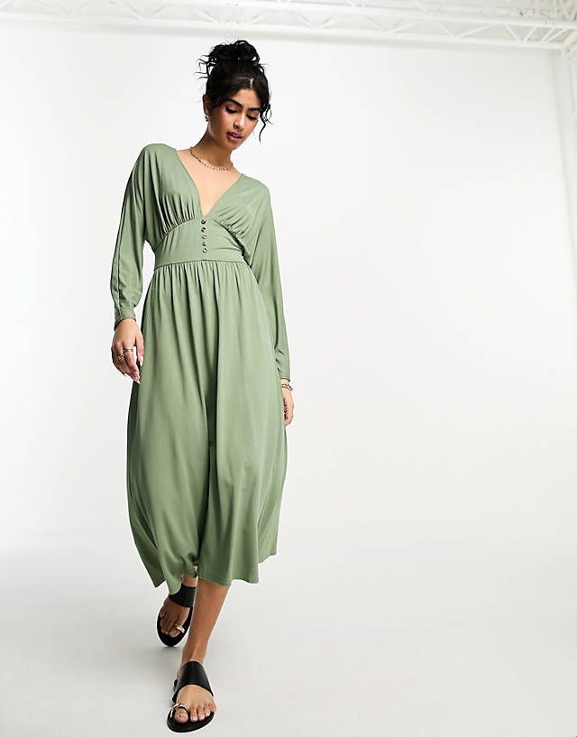 ASOS DESIGN waisted long sleeve midi tea dress with buttons in khaki