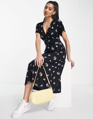 ASOS DESIGN waisted midi tea dress with buttons in black base floral
