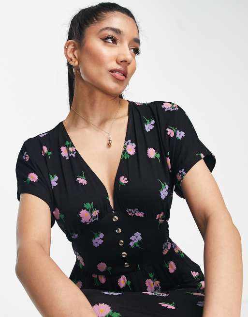 Floral V-Neck Tie Waist Midi Tea Dress, Purple Dress Marks And Spencer