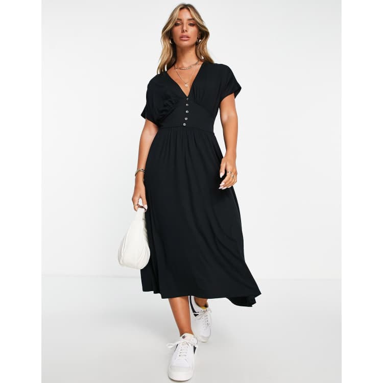 ASOS Design Waisted Midi Tea Dress with Buttons in Black