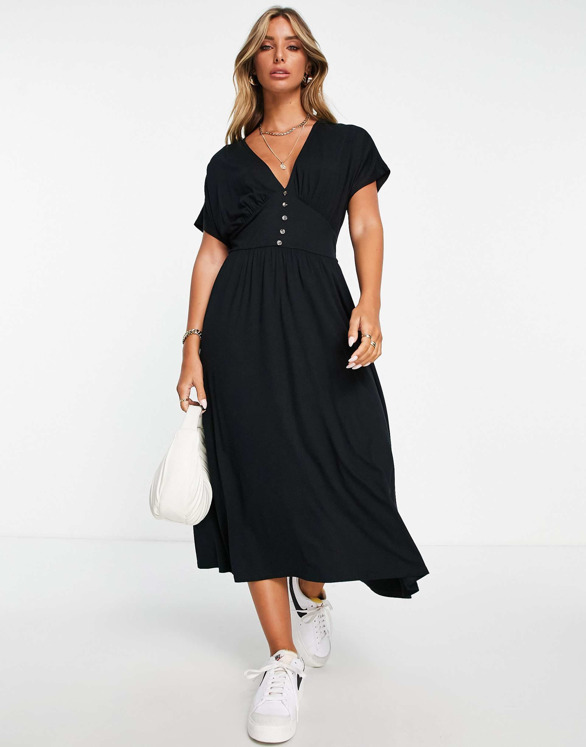 asos design waisted midi tea dress with buttons in black