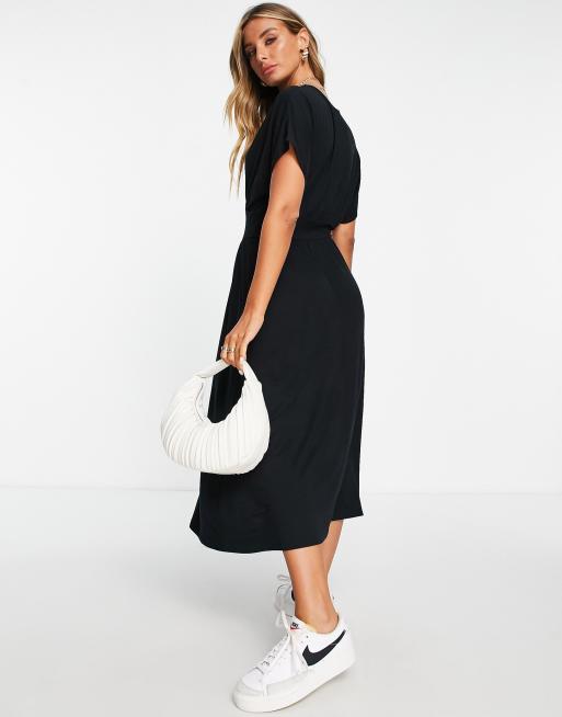 ASOS DESIGN waisted midi tea dress with buttons in black, 2 of 4