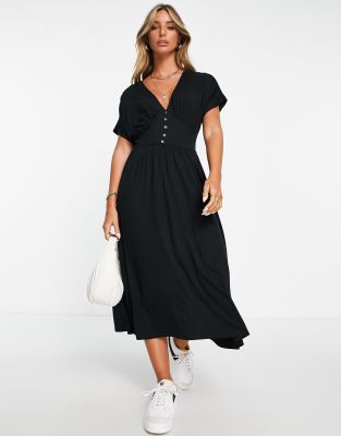 Asos Design Waisted Midi Tea Dress With Buttons In Black