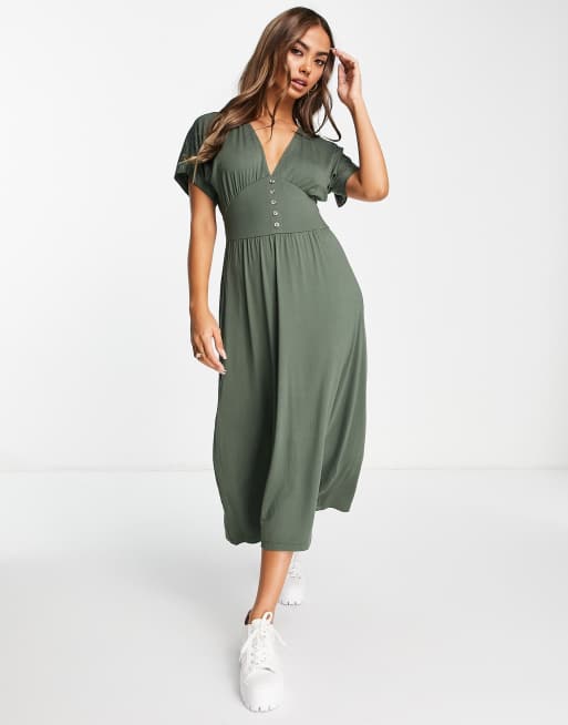 ASOS DESIGN waisted midi tea dress with buttons in khaki | ASOS