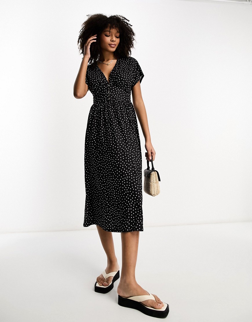 ASOS DESIGN waisted midi tea dress with buttons in mono spot-Multi