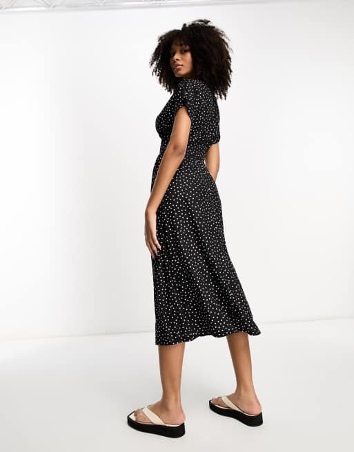 ASOS DESIGN waisted midi tea dress with buttons in mono spot