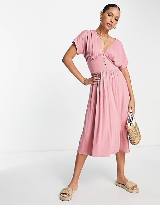 ASOS DESIGN waisted midi tea dress with buttons in pink | ASOS