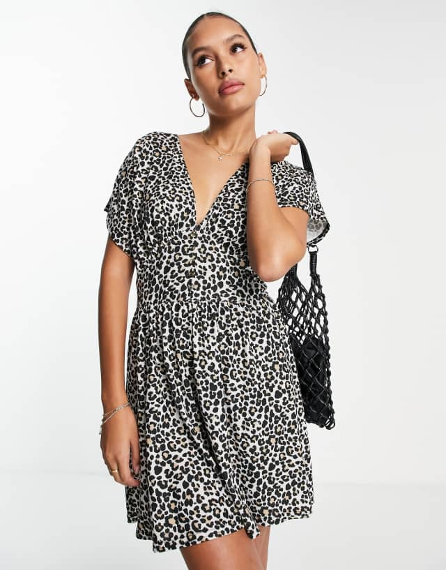 ASOS DESIGN waisted mini tea dress with buttons in leopard print