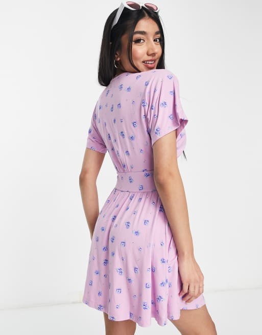 ASOS DESIGN waisted mini tea dress with buttons in lilac ditsy floral