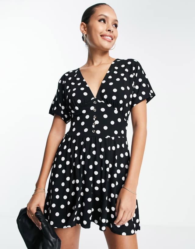 ASOS DESIGN waisted mini tea dress with buttons in monochrome spot