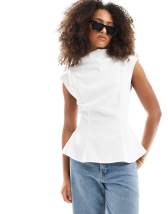 ASOS DESIGN waisted peplum short sleeve top in cream