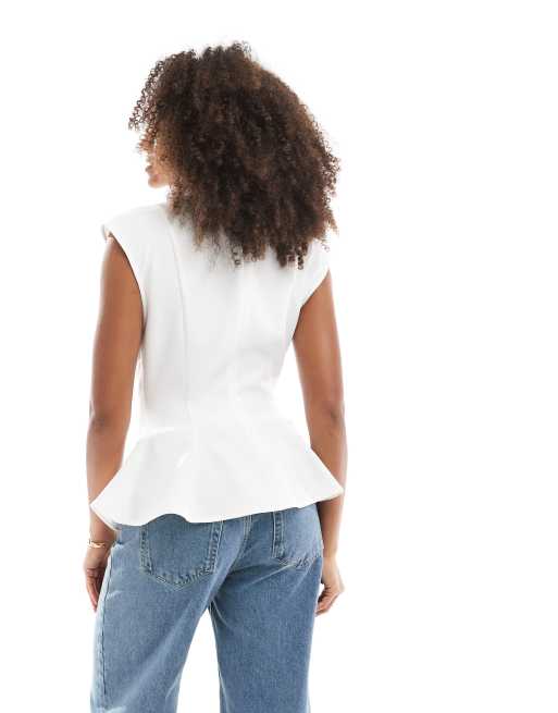 ASOS DESIGN waisted peplum short sleeve top in cream