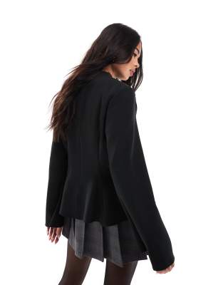 Asos Design Waisted Peplum Top With Flare Sleeves In Black