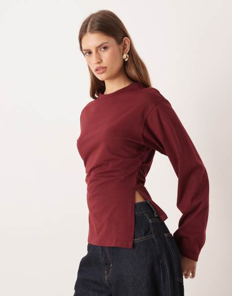 ASOS DESIGN waisted side slit hem long sleeve tee in burgundy - view 1