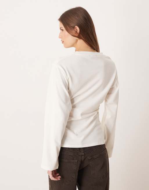 ASOS DESIGN waisted side slit hem long sleeve tee in cream, 2 of 4