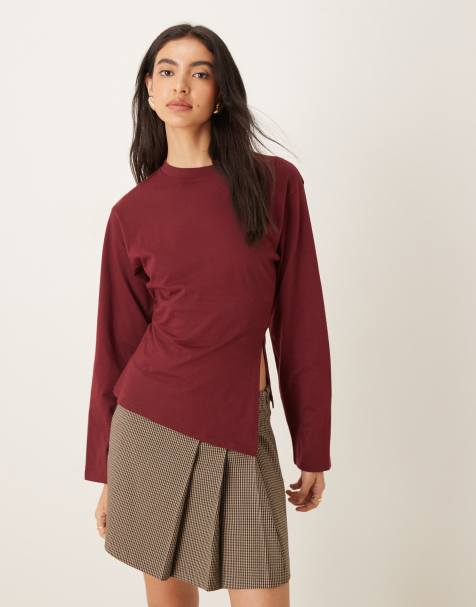 ASOS DESIGN waisted side spilt hem long sleeve tee in burgundy - view 1