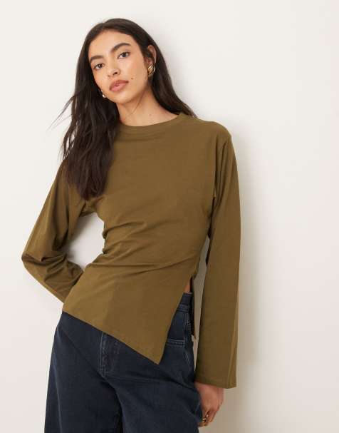 ASOS DESIGN waisted side spilt hem long sleeve tee in olive - view 1