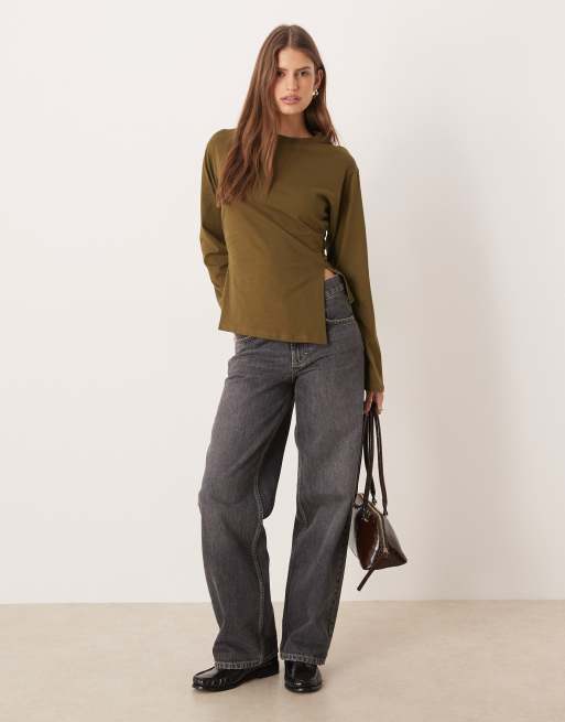 ASOS DESIGN waisted side spilt hem long sleeve tee in olive, 4 of 4