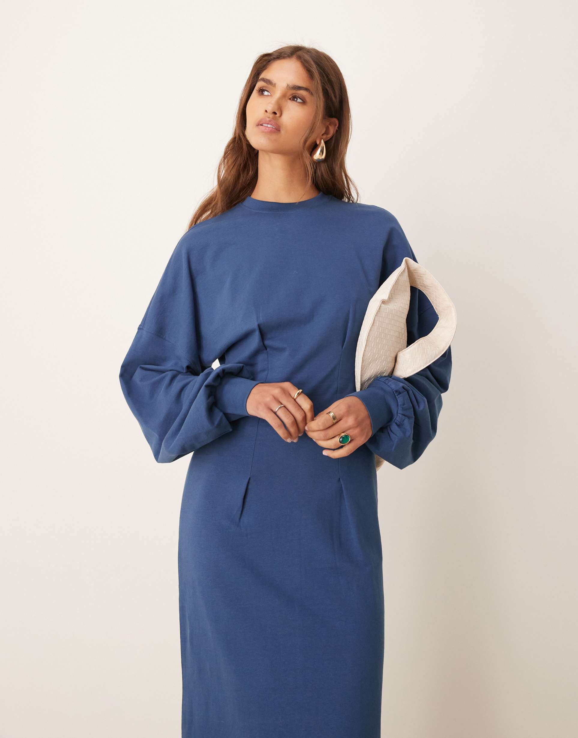 asos design waisted sweat midi dress in navy