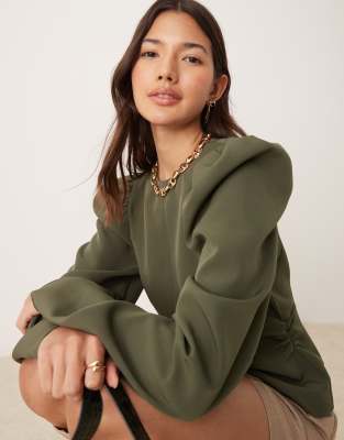 Asos Design Waisted Top With Volume Sleeve Detail In Green