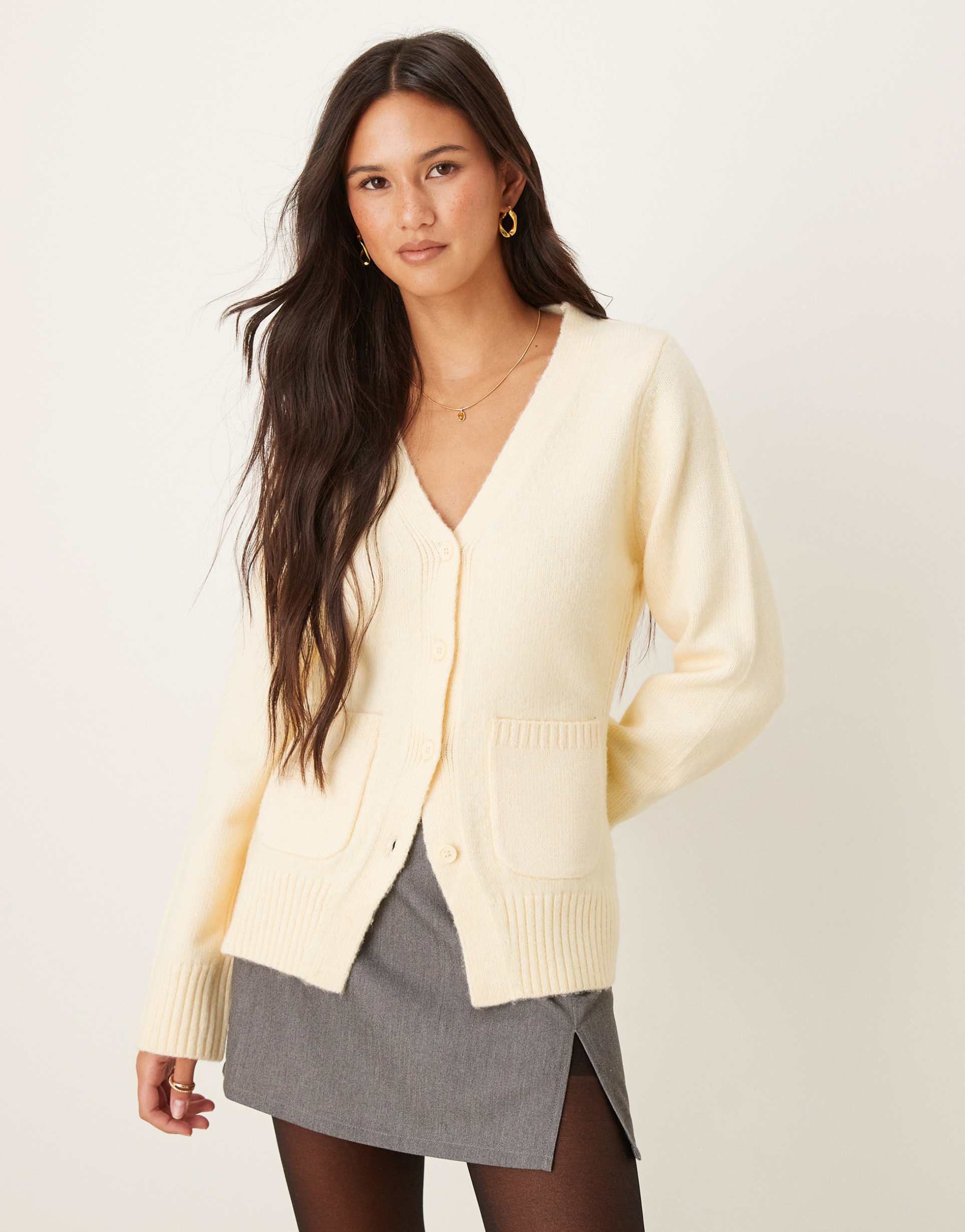 asos design waisted v neck cardigan with pocket detail in buttermilk
