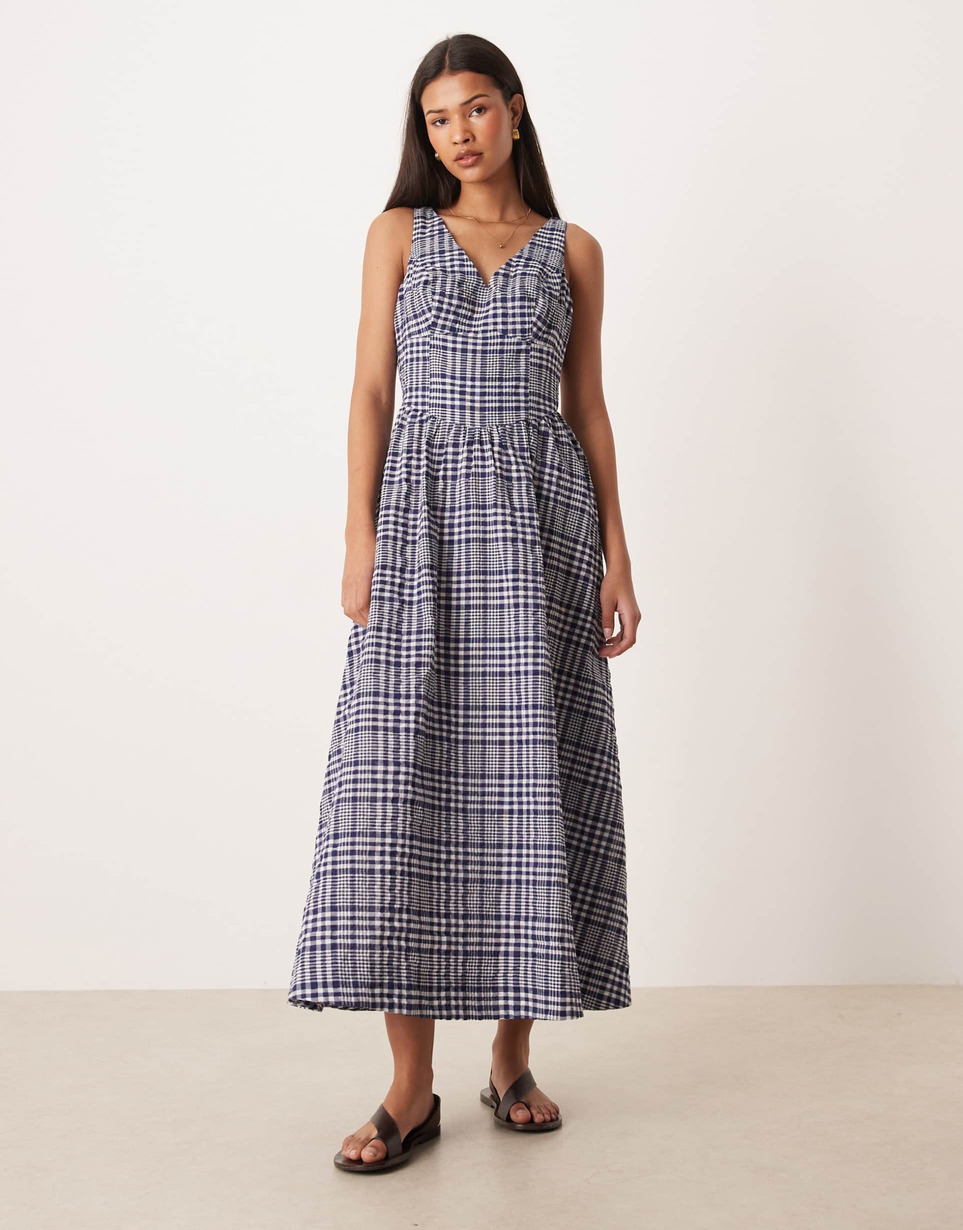 asos design waisted v neck maxi dress with seaming details in blue gingham