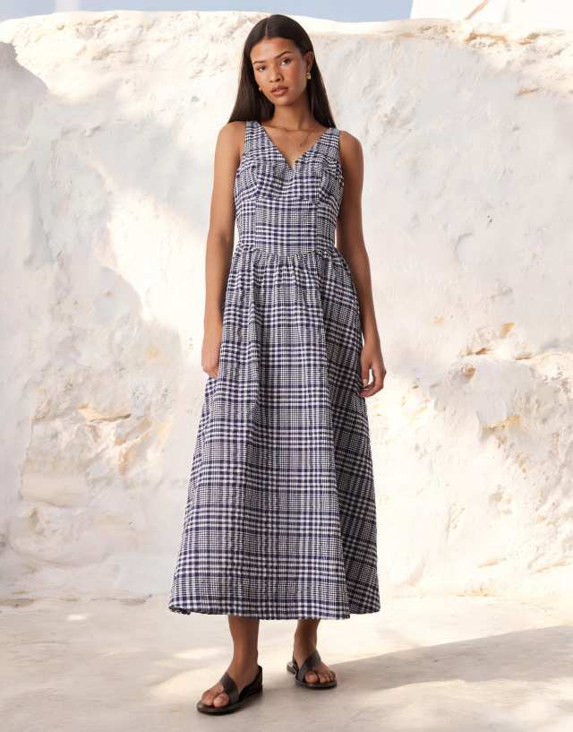 ASOS DESIGN waisted v neck maxi dress with seaming details in blue gingham