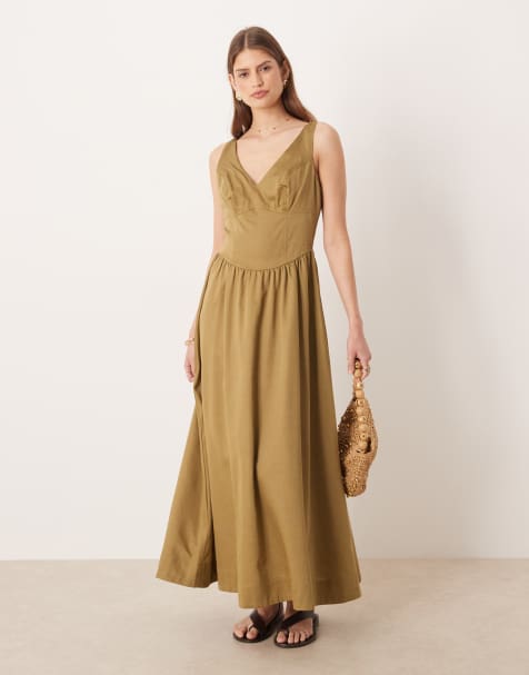 ASOS DESIGN waisted V-neck maxi dress with seaming details in olive - view 1