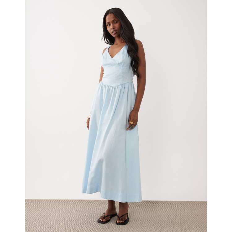 ASOS DESIGN waisted v neck maxi dress with seaming details in steel blue |  ASOS