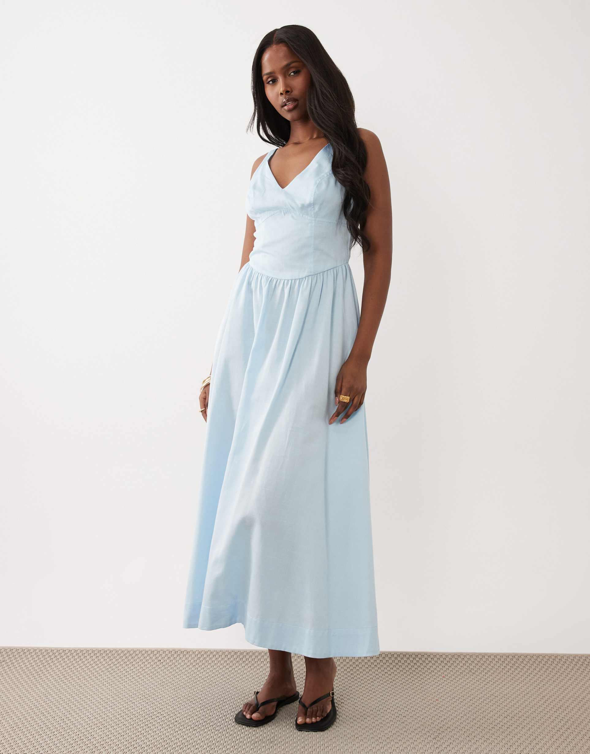 asos design waisted v neck maxi dress with seaming details in steel blue