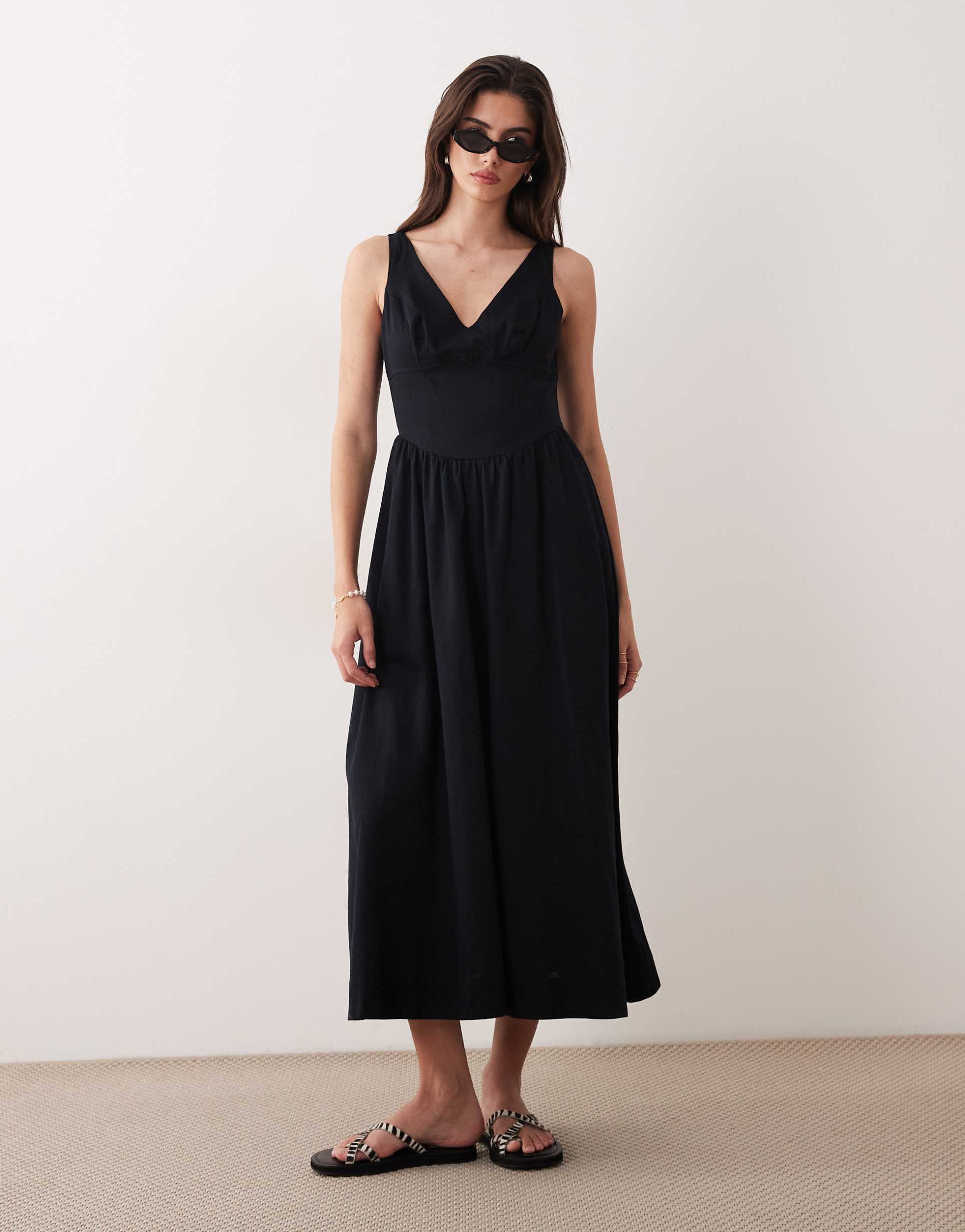 asos design waisted v-neck maxi sundress with seaming details in black