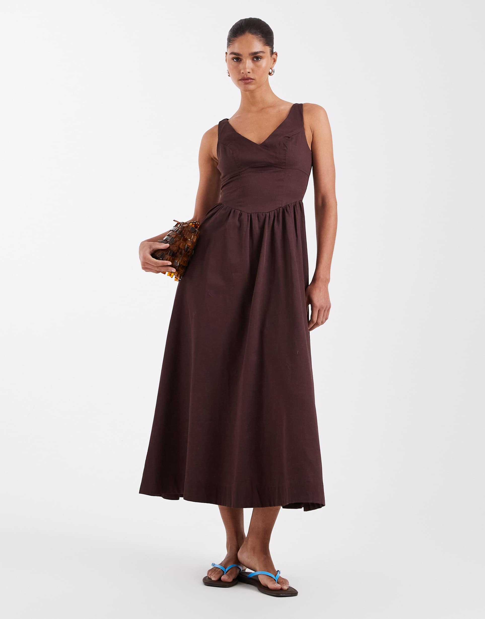 asos design waisted v-neck maxi sundress with seaming details in chocolate