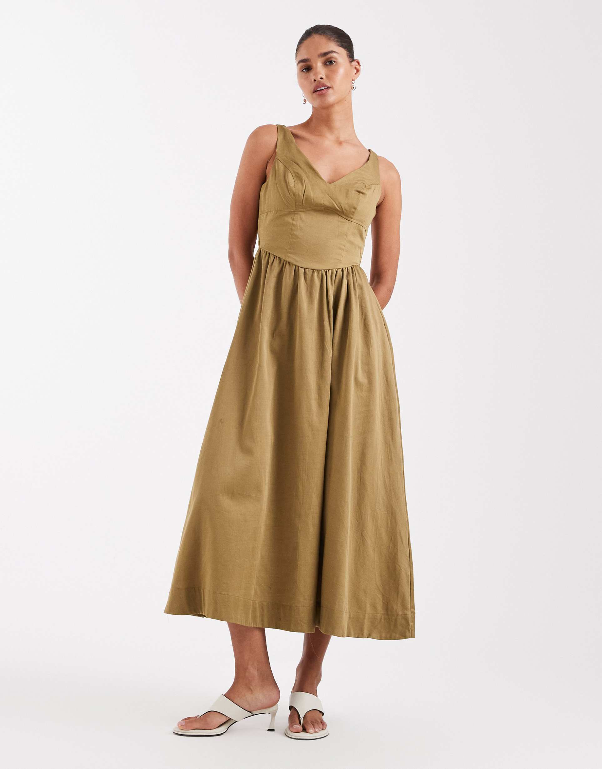 asos design waisted v-neck maxi sundress with seaming details in olive