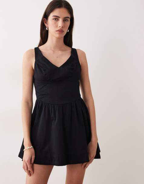 ASOS DESIGN waisted v-neck mini sundress with seaming details in black - view 1