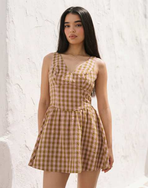 ASOS DESIGN waisted v neck mini sundress with seaming details in brown and pink check 