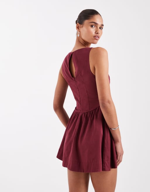 ASOS DESIGN waisted v neck mini sundress with seaming details in washed burgundy, 3 of 4