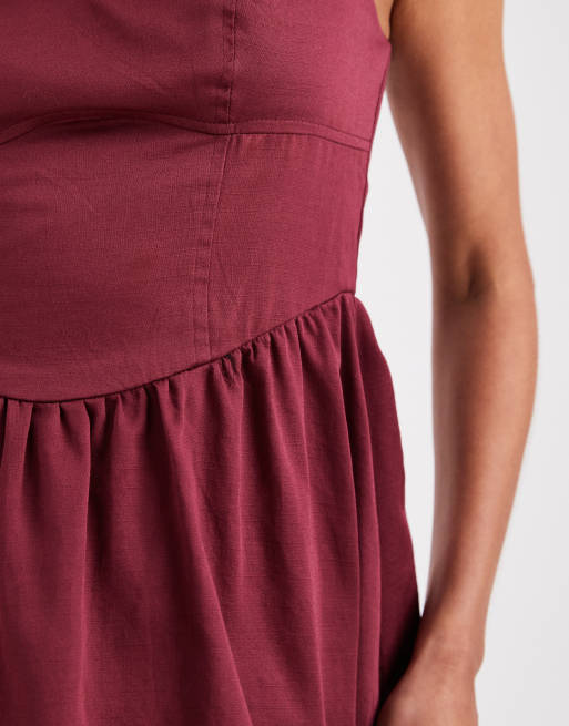 ASOS DESIGN waisted v neck mini sundress with seaming details in washed burgundy, 4 of 4